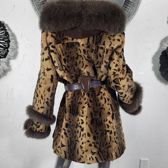 MITCHIE'S~M/L~BROWN GENUINE FOX FUR REAL RABBIT LEOPARD ANIMAL PRINT HOODED COAT - Picture 12 of 16